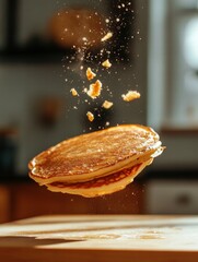 Poster - Stack of pancakes floating above a wooden surface in a bright kitchen with sunlight filtering through. Generative AI