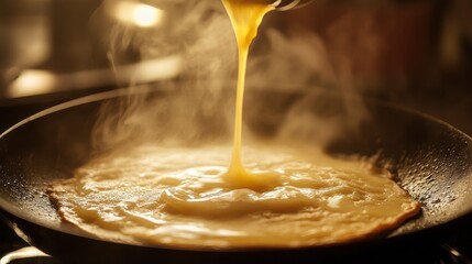 Aufkleber - Cooking a perfectly golden omelette in a skillet during a warm morning in a cozy kitchen. Generative AI