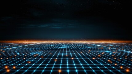 Poster - A futuristic digital landscape featuring a grid pattern illuminated by vibrant blue and orange lights, symbolizing advanced technology and virtual connectivity.