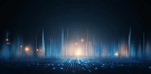 Poster - A futuristic digital landscape featuring vibrant blue lights and abstract patterns. This image represents innovation, technology, and the digital age in a visually striking manner.