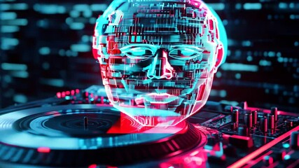 Poster - Conceptual cyborg head on turntable with glitch effects representing big data and technology, Big Data conceptual Cyborg head on turntable glitch effect seamless