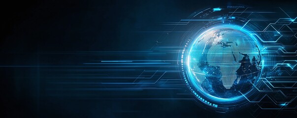 Poster - A futuristic view of the Earth illuminated by a blue glow, surrounded by digital elements