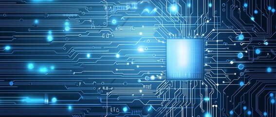 Poster - A high-tech circuit board design featuring vibrant blue colors and glowing elements, symbolizing advanced technology and modern electronics in a digital age.
