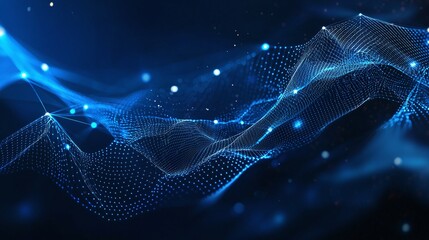 Poster - A mesmerizing abstract design featuring dynamic waves of blue light and particles, representing data flow and digital innovation in a futuristic setting.