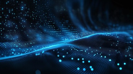 Poster - A mesmerizing abstract image showcasing flowing blue light patterns and glowing dots, symbolizing digital innovation and advanced technology in a futuristic setting.
