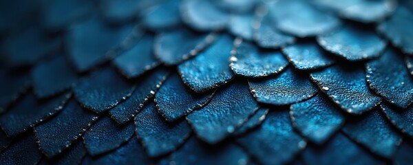 Poster - Detailed close-up of blue dragon scale pattern. Luxury background texture for wallpaper. Seamless reptile skin with geometric ornament, exotic fish scales. Fantasy armouring with metallic shine.