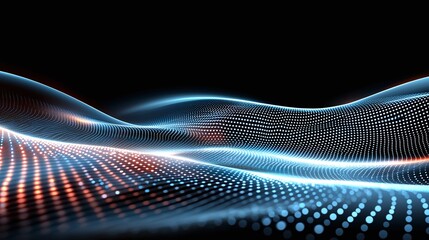 Poster - A mesmerizing abstract scene featuring vibrant blue and red light waves, creating a dynamic digital landscape full of flowing movements and intricate dotted patterns.