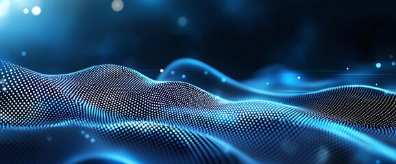 Poster - A mesmerizing blue wave pattern with dynamic light effects and shimmering dots, representing digital innovation and abstract technology concepts.