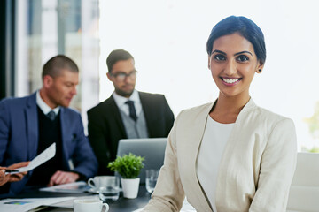 Aufkleber - Boardroom, portrait and smile of business woman in office with colleagues for meeting. Corporate, finance and wealth management with happy accounting employee in workplace for financial audit