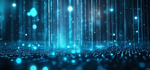 Poster - A mesmerizing digital landscape featuring cascading blue light particles and vertical lines, evoking a sense of advanced technology and innovation in a futuristic environment.