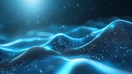 Poster - A mesmerizing digital landscape featuring vibrant blue waves that symbolize data flow and innovation. Sparkling particles create a sense of depth, representing modern technology.