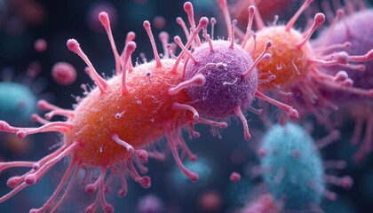 Poster - Illustration of Gram-negative Enterobacteria Proteobacteria bacteria like salmonella, escherichia coli, yersinia pestis, klebsiella. Colorful microbes, magnified pathogen organisms cause fever,