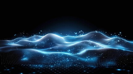 Poster - A mesmerizing digital wave pattern created with glowing blue lines and particles, evoking a sense of depth and motion in a futuristic landscape.
