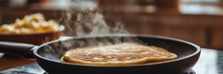 Aufkleber - Cooking freshly made pancakes in a skillet with steam rising in a warm kitchen during breakfast time. Generative AI