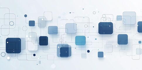 Poster - A seamless pattern featuring overlapping blue squares and circles on a light background, ideal for web design, technology, and modern art projects