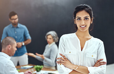 Aufkleber - About us, arms crossed and portrait of business woman in boardroom of office for leadership. Confident, coworking and smile with happy employee team in creative workplace for project management