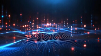 Poster - A stunning abstract background featuring flowing blue waves illuminated by vibrant red and white lights. Perfect for digital design, technology presentations, and modern art.