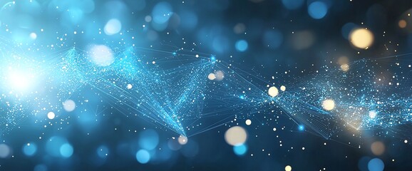 Poster - A stunning abstract background showcasing vibrant blue and gold particles, representing innovation and digital communication in the modern technology landscape.