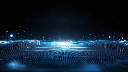 Poster - A stunning digital backdrop showcasing a futuristic blue wave of light and stars