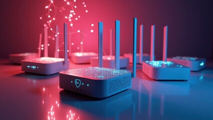 Poster - Mesh Wifi Router. Four routers are connected to each other with red and blue light