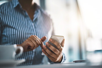 Poster - Hands, phone and search with business woman in office for client feedback, communication and app. Online news, networking and virtual advisor with person and mobile for closeup, reading and contact