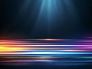 Poster - A vibrant abstract background featuring dynamic light streaks in blue, orange, and purple shades, illuminated by soft beams of light, perfect for creative design projects.