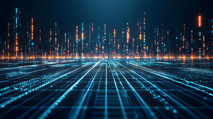 Abstract Digital Network Visualization With Blue Grid Lines And Bright Lights