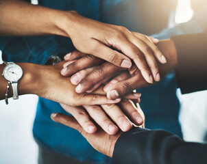 Aufkleber - Teamwork, office and hands of business people in stack for support, collaboration and solidarity. Professional, corporate and closeup of workers together for agreement, company growth and partnership