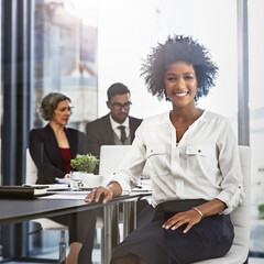 Poster - About us, portrait and smile of business woman in boardroom of office for management or team meeting. Confident, leadership and workshop, happy employee at desk in workplace for career development
