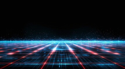 Poster - A vibrant digital landscape featuring a grid of neon blue and red lights, creating a futuristic view. Ideal for technology, cyber, or virtual reality themes.