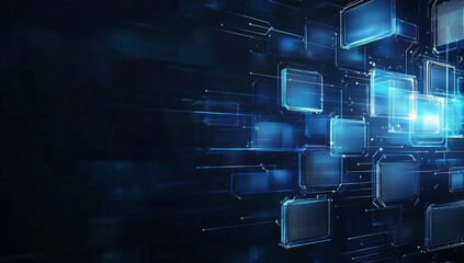Poster - Abstract digital technology background, showcasing glowing blue rectangles on a dark backdrop. Represents innovation, data flow, and modern communication in a virtual world.