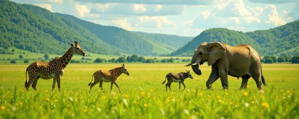 safari animals roaming in a lush green meadow, nature, illustration, africa
