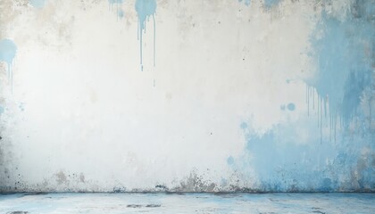 Aufkleber - Grunge white wall with blue paint drips texture. Rustic abstract style, old dirty aged pattern with rough surface. Weathered metal frame parchment page background.
