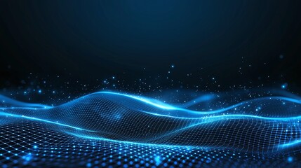 Poster - Abstract representation of digital waves with glowing blue particles flowing smoothly against a dark background, symbolizing innovation and modern technology.