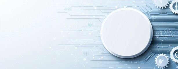 Poster - Abstract technology background featuring white circular element with gears and digital lines, ideal for showcasing innovation, creativity, and modern design in digital communicatio