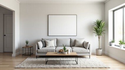 Poster - Virtual Staging. Living room has couch, coffee table, and plant in it