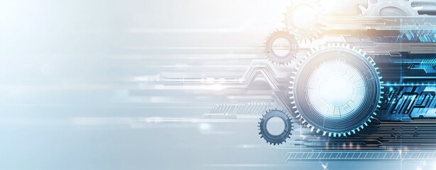 Poster - an abstract representation of technological advancement featuring gears and digital circuits that sy