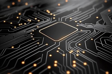 Poster - Close-up of a circuit board detail featuring intricate lines and lights, showcasing the advancement of technology and innovation in modern computing and electronics.
