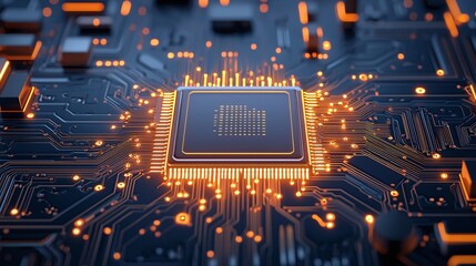 Aufkleber - Close-up of a computer microprocessor on a circuit board, illuminated by glowing lights, showcasing modern technology and intricate design for digital and electronics themes.