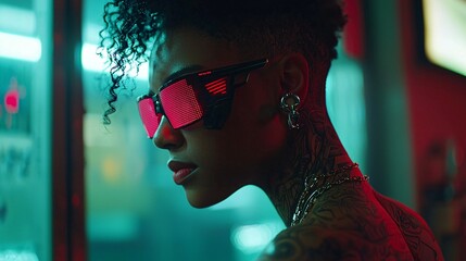 Poster - a cyber queen with holographic tattoos, glowing cyber eyes, sci-fi style