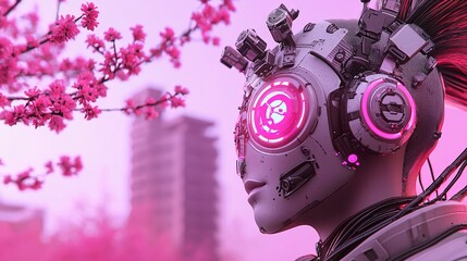 Poster - a close-up of a futuristic samurai with a glowing cybernetic mask