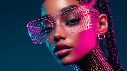 Poster - a vibrant neon cyberpunk model with uv face paint, nightclub aesthetic
