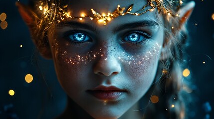 Poster - A dreamy fantasy elf with glowing blue eyes, soft lighting