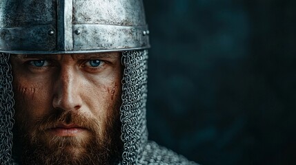 Poster - a medieval knight with a silver helmet and deep battle scars, epic storytelling