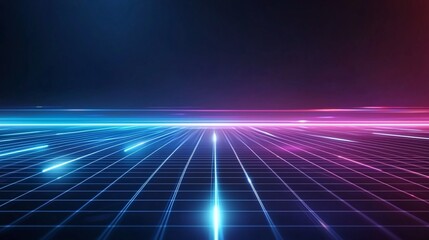 Poster - Futuristic digital landscape featuring vibrant blue and pink neon lights on a grid surface, creating a sense of depth and innovation in a cyberpunk-inspired environment.