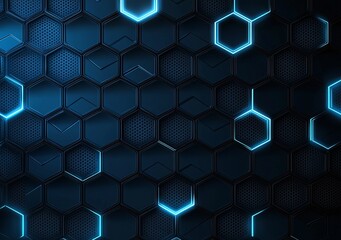 Poster - Futuristic hexagon pattern with glowing blue accents on a dark background. Perfect for technology-themed projects or digital aesthetics.