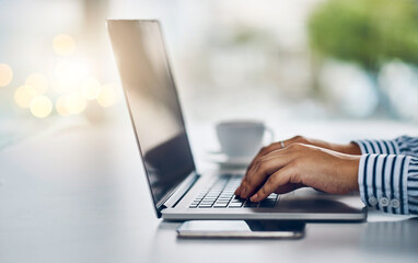 Aufkleber - Laptop, research and hands of business person in office for typing, seo review and feedback mockup. Networking report, website and schedule with closeup of employee for connection, notes and email