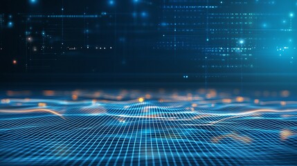 Aufkleber - This digital illustration features a futuristic landscape of interconnected grids, glowing waves, and abstract data patterns, symbolizing advanced technology and digital innovation