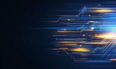 Poster - This dynamic digital abstract features vibrant lines and glowing elements in blue and gold, symbolizing speed and innovation in technology, perfect for modern design projects.