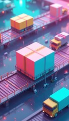 Poster - Boxes move along automated conveyor belts, representing reverse logistics, product returns. Improving operational efficiency in e-commerce, e-business. Artificial intelligence, machine learning,